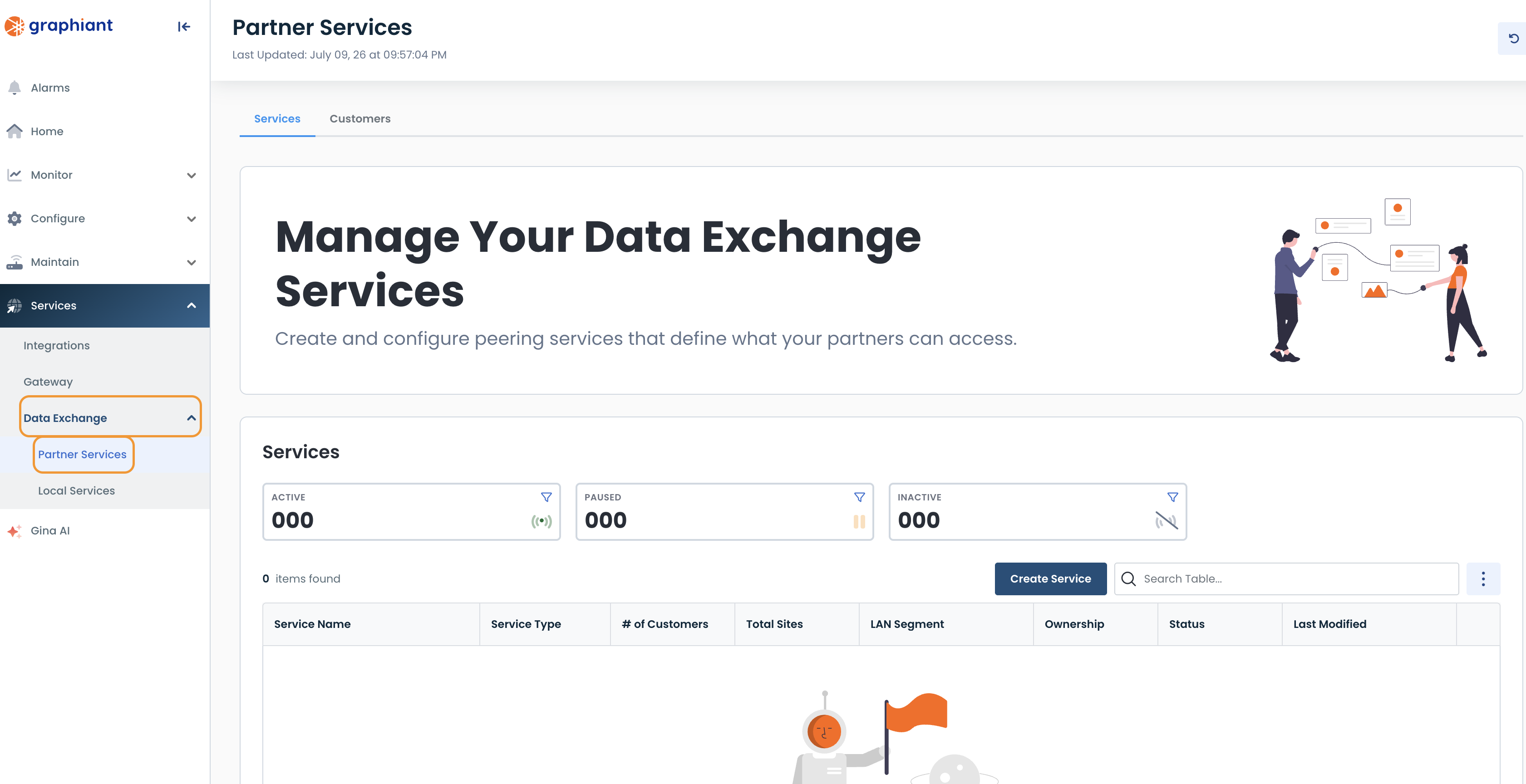 Manage data exchange services with options for active, paused, and inactive statuses.